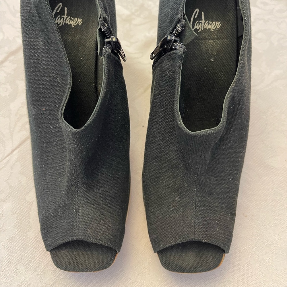 Castañer Black canvas peep toe wedge low bootie!